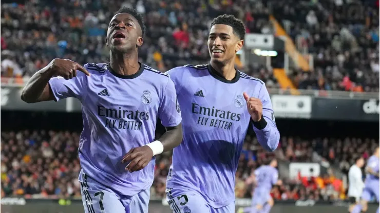  Vinicius Junior of  Jude Bellingham during the LaLiga . (Photo by Aitor Alcalde/Getty Images)
