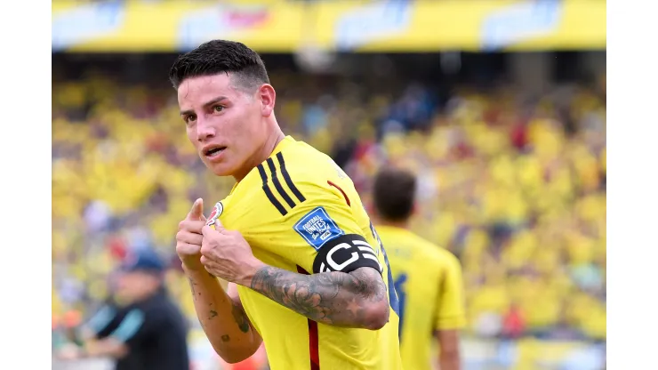 BARRANQUILLA, COLOMBIA - OCTOBER 12: James Rodriguez of Colombia celebrates after scoring the first goal of his team during a FIFA World Cup 2026 Qualifier match between Colombia and Uruguay at Roberto Melendez Metropolitan Stadium on October 12, 2023 in Barranquilla, Colombia. (Photo by Gabriel Aponte/Getty Images)
