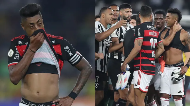 Bruno Henrique em confusão no Flamengo x Botafogo. Foto Esq.: Wagner Meier/Getty Images e Foto Dir.: Wagner Meier/Getty Images
