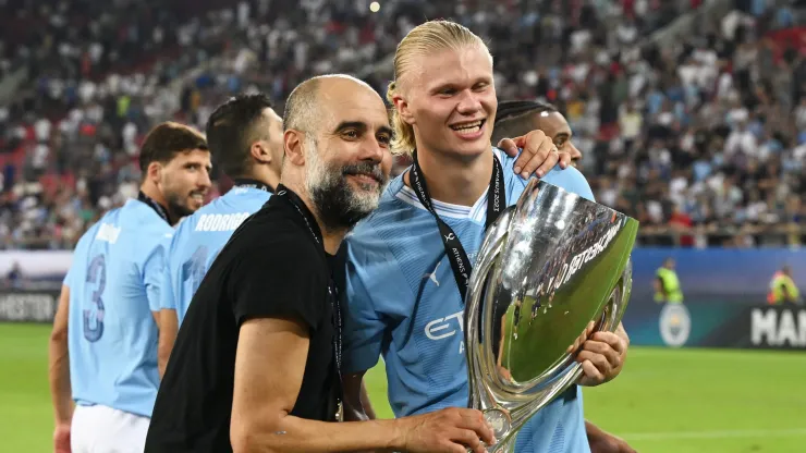 Guardiola e Haaland, talentos a serviço do Manchester City. (Photo by Claudio Villa/Getty Images)
