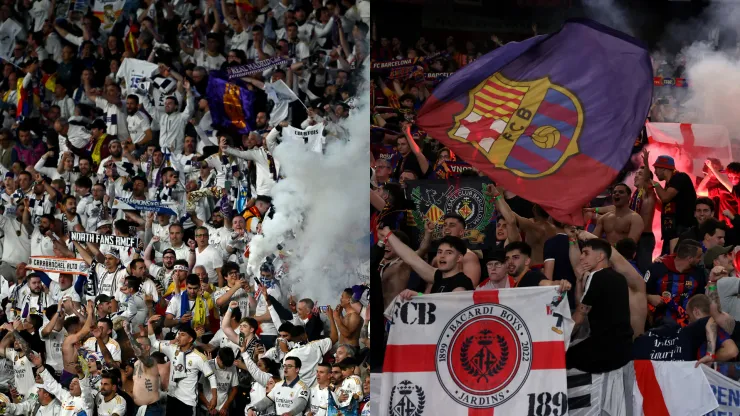 Torcida do Real Madrid  (Photo by Dan Mullan/Getty Images) e torcida do Barcelona (Photo by Alex Pantling/Getty Images)
