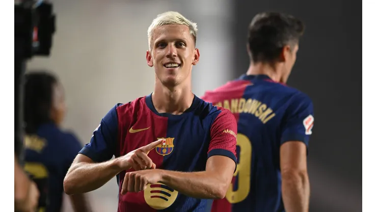 Dani Olmo, do Barcelona, na terceira vitória do clube por La Liga (Foto: Denis Doyle/Getty Images)
