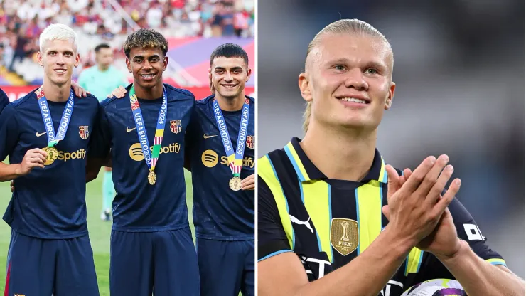 Titular absoluto do Barcelona revela desejo de jogar ao lado de Haaland, do Man City. Fotos: Eric Alonso e Justin Setterfield/Getty Imagens
