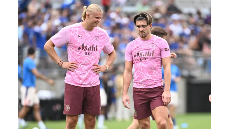 August 3, 2024: Manchester City forward Erling HoÂland 9 and Manchester City midfielder Jack Grealish 10 before playing against Chelsea in their match in Columbus, Ohio. /Cal Media Columbus USA - ZUMAc04_ 20240803_zma_c04_314 Copyright: xBrentxClarkx
