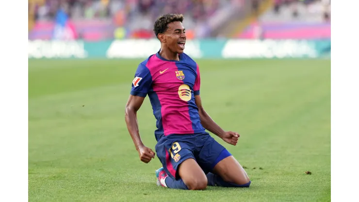 BARCELONA, SPAIN - AUGUST 24: Lamine Yamal of FC Barcelona celebrates scoring his team's first goal during the La Liga match between FC Barcelona and Athletic Club at Camp Nou on August 24, 2024 in Barcelona, Spain. (Photo by Alex Caparros/Getty Images)
