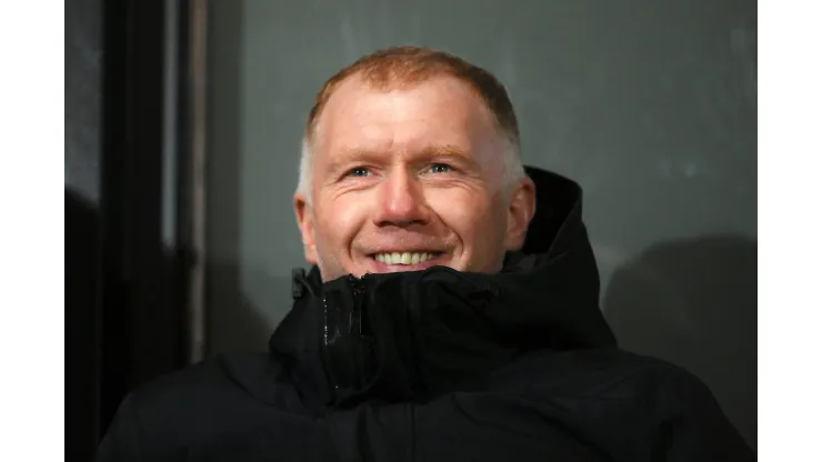 SALFORD, ENGLAND - NOVEMBER 14: Paul Scholes, Co-Owner of Salford City, looks on ahead of the Emirates FA Cup First Round Replay match between Salford City and Peterborough United at Peninsula Stadium on November 14, 2023 in Salford, England. (Photo by Ben Roberts Photo/Getty Images)
