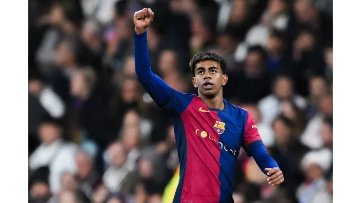 MADRID, SPAIN - OCTOBER 26: Lamine Yamal of FC Barcelona celebrates their team's third goal during the LaLiga match between Real Madrid CF and FC Barcelona at Estadio Santiago Bernabeu on October 26, 2024 in Madrid, Spain. (Photo by David Ramos/Getty Images)
