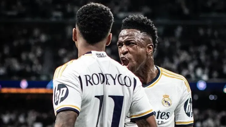 Vini Jr e Rodrygo com a camisa do Real Madrid.
