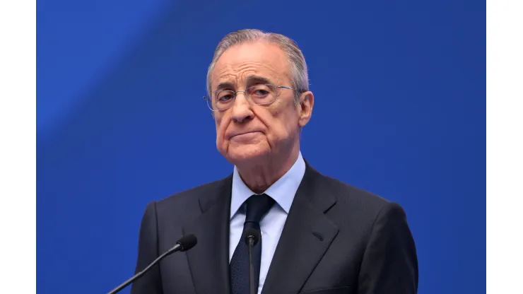 MADRID, SPAIN - JULY 16: Florentino Perez Rodriguez, President of Real Madrid speaks as Real Madrid new signing, Kylian Mbappe is unveiled at Estadio Santiago Bernabeu on July 16, 2024 in Madrid, Spain. (Photo by David Ramos/Getty Images)
