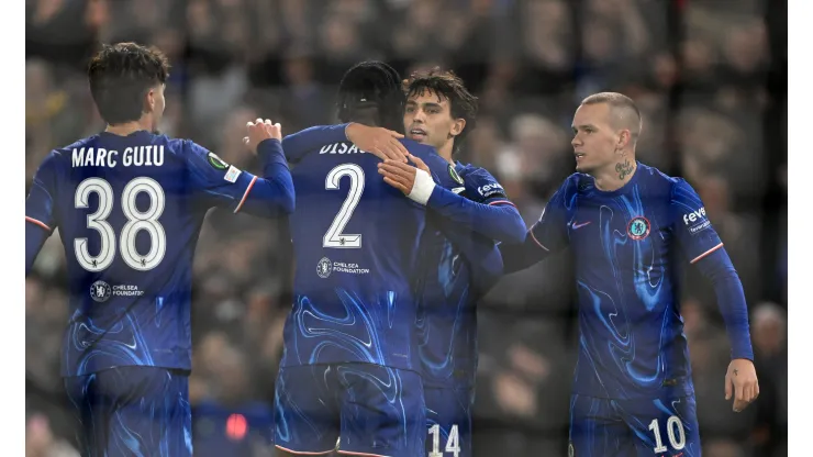 LONDON, ENGLAND - NOVEMBER 07: Joao Felix of Chelsea celebrates with teammates Marc Guiu, Axel Disasi and Mykhaylo Mudryk after scoring his team's sixth goal during the UEFA Conference League 2024/25 League Phase MD3 match between Chelsea FC and FC Noah at Stamford Bridge on November 07, 2024 in London, England. (Photo by Mike Hewitt/Getty Images)
