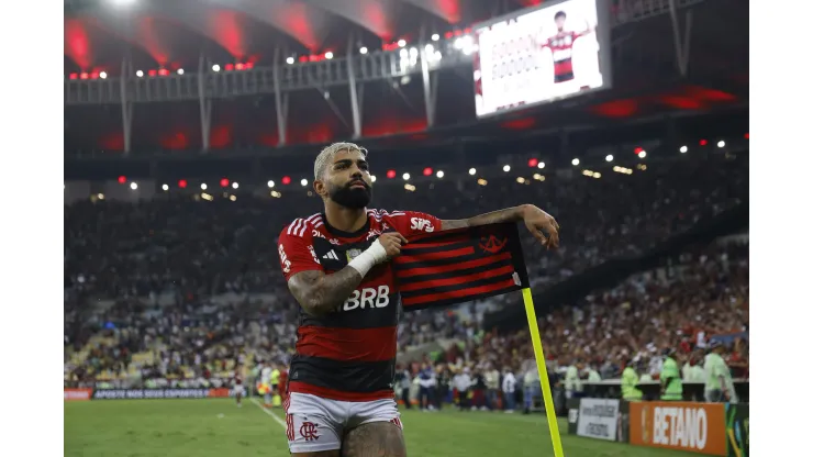 RIO DE JANEIRO, BRAZIL - JUNE 1: Gabriel Barbosa of Flamengo celebrates after scoring the second goal of his team during the Copa do Brasil 2023 round of 16 second leg match between Flamengo and Fluminense at Maracana Stadium on June 1, 2023 in Rio de Janeiro, Brazil. (Photo by Wagner Meier/Getty Images)
