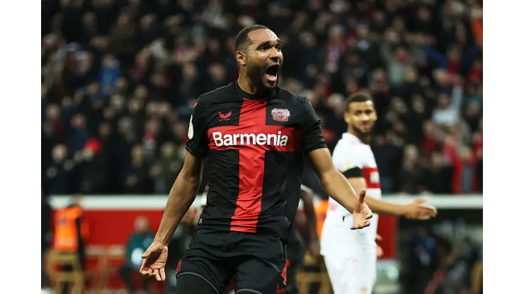 LEVERKUSEN, GERMANY - FEBRUARY 06: Jonathan Tah of Bayer Leverkusen celebrates scoring his team's third goal  during the DFB cup quarterfinal match between Bayer 04 Leverkusen and VfB Stuttgart at BayArena on February 06, 2024 in Leverkusen, Germany. (Photo by Lars Baron/Getty Images)
