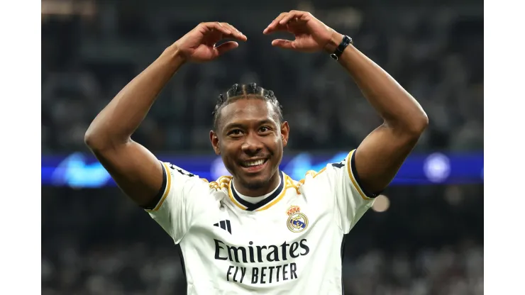 MADRID, SPAIN - MAY 08: David Alaba of Real Madrid celebrates after the team's victory and reaching the UEFA Champions League Final following the UEFA Champions League semi-final second leg match between Real Madrid and FC Bayern München at Estadio Santiago Bernabeu on May 08, 2024 in Madrid, Spain. (Photo by Alexander Hassenstein/Getty Images)
