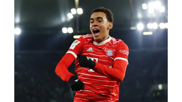 WOLFSBURG, GERMANY - FEBRUARY 05: Jamal Musiala of Bayern Munich celebrates after scoring the team's fourth goal  during the Bundesliga match between VfL Wolfsburg and FC Bayern München at Volkswagen Arena on February 05, 2023 in Wolfsburg, Germany. (Photo by Maja Hitij/Getty Images)
