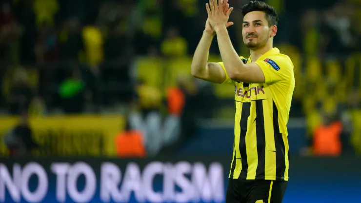 Dortmund's midfielder Ilkay Guendogan celebrates after the UEFA Champions League semi final first leg football match Borussia Dortmund vs Real Madrid on April 24, 2013 in Dortmund, western Germany. AFP PHOTO / PIERRE-PHILIPPE MARCOU (Photo credit should read PIERRE-PHILIPPE MARCOU/AFP/Getty Images)