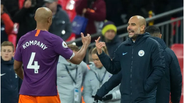 Man City Manager Pep Guardiola & Vincent Kompany of Man City during the Premier League match between Tottenham Hotspur and Manchester City at Wembley Stadium, London, England on 29 October 2018. PUBLICATIONxNOTxINxUK Copyright: xAndyxRowlandx PMI-2357-0027
