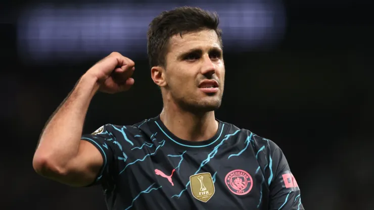Rodri of Manchester City applauds the fans after the team's victory in the Premier League match between Tottenham Hotspur and Manchester City at Tottenham Hotspur Stadium on May 14, 2024 in London, England.