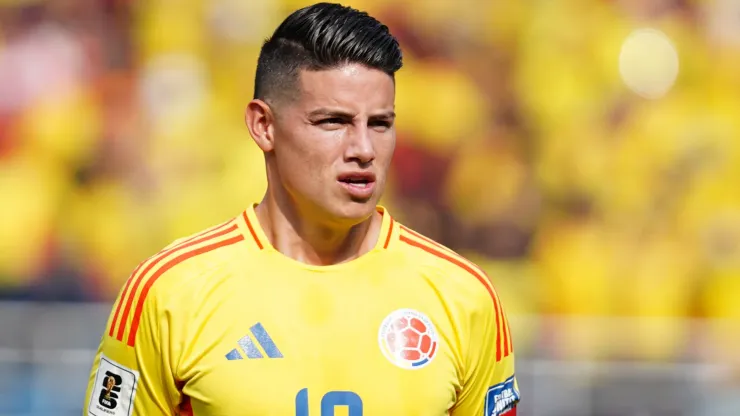 James Rodriguez of Colombia sings the national anthem.
