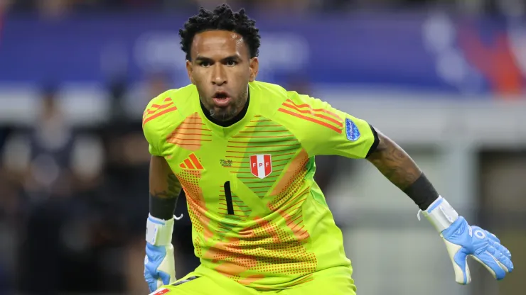 Pedro Gallese of Peru reacts during a match.
