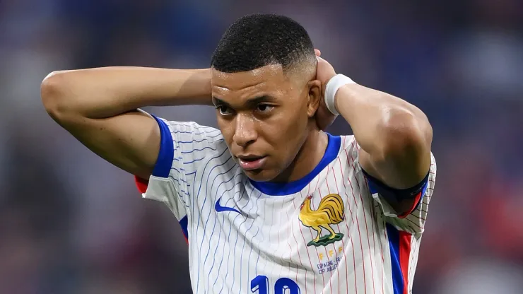 Kylian Mbappe of France reacts during the UEFA EURO 2024 Semi-Final match between Spain and France at Munich Football Arena on July 09, 2024 in Munich, Germany.
