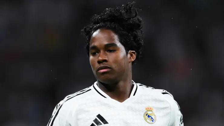 Endrick of Real Madrid looks on during the LaLiga match between Real Madrid CF and RCD Espanyol de Barcelona at Estadio Santiago Bernabeu on September 21, 2024 in Madrid, Spain.
