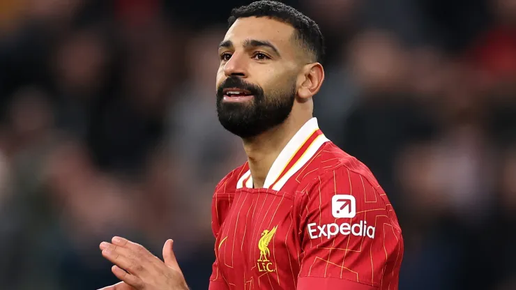 Mohamed Salah of Liverpool reacts during the Premier League match between Liverpool FC and Brighton & Hove Albion FC at Anfield on November 02, 2024 in Liverpool, England.
