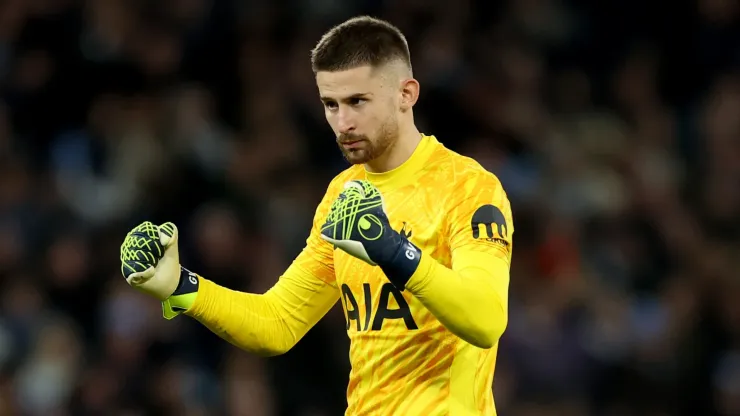 Tottenham Hotspur's Guglielmo Vicario during the Premier League match between Manchester City FC and Tottenham Hotspur FC at Etihad Stadium on November 23, 2024 in Manchester, England.
