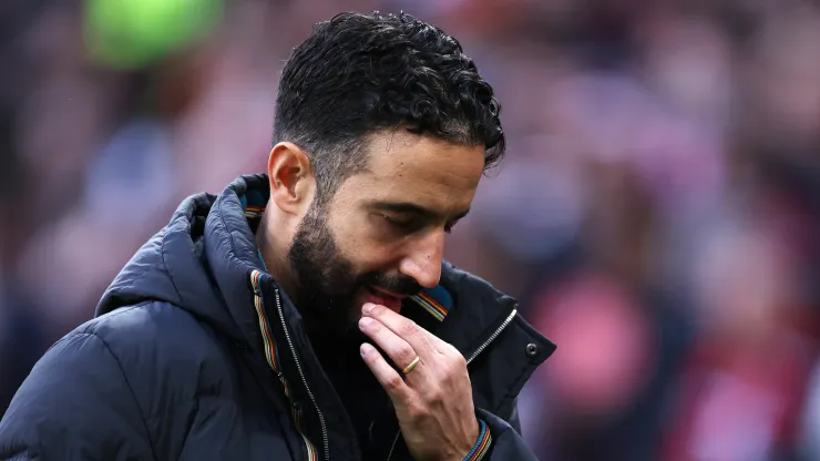 Ruben Amorim, Head Coach of Manchester United, reacts as he walks towards the tunnel at half-time during the Premier League match between Manchester United FC and Everton FC at Old Trafford on December 01, 2024 in Manchester, England.
