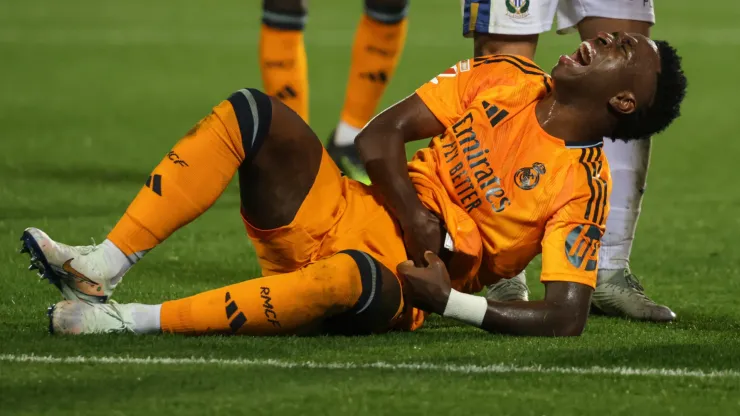 inicius Junior of Real Madrid reacts, shouts and gestures after being tackled by during the La Liga EA Sports football match between Club Deportivo Leganes and Real Madrid CF on November 24, 2024, at Estadio Municipal de Butarque in Leganes, Spain. 
