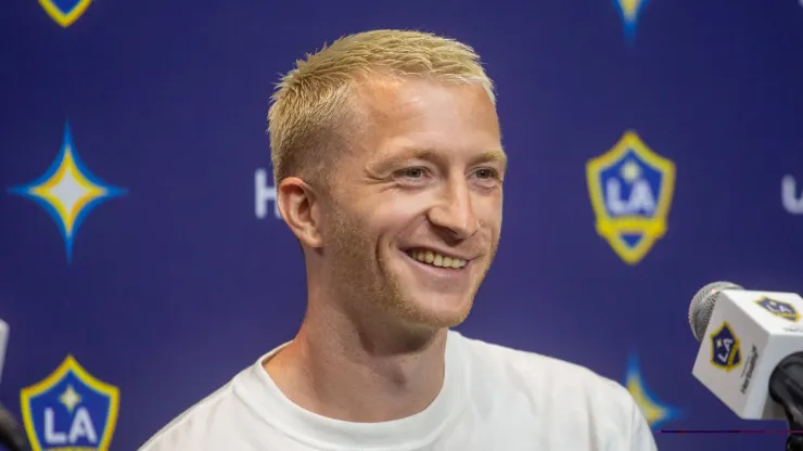Two-time German Footballer of the Year Marco Reus is introduced as the new Los Angeles Galaxy midfielder during a news conference at Dignity Health Sports Park.
