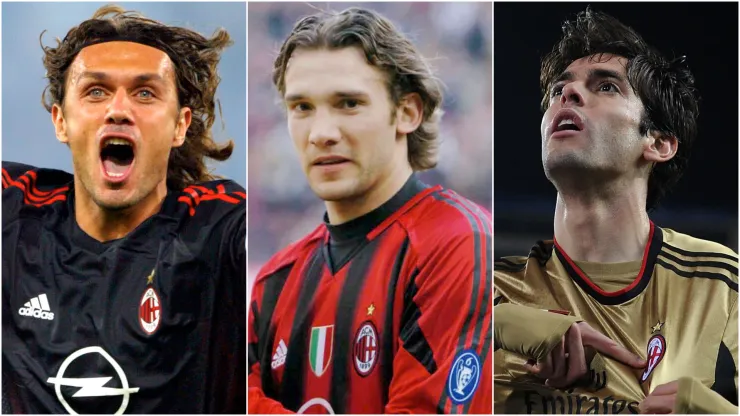 Paolo Maldini (left), Andriy Shevchenko (center), and Kaka (right)
