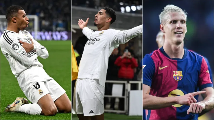 Kylian Mbappe, Jude Bellingham, and Dani Olmo with their trademarked celebrations.
