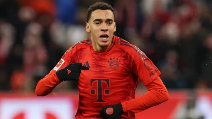  Jamal Musiala of Bayern Munich celebrates scoring his team's second goal during the Bundesliga match between FC Bayern München and 1. FC Heidenheim 1846 at Allianz Arena on December 07, 2024 in Munich, Germany.
