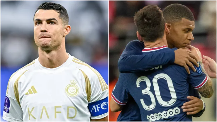 Cristiano Ronaldo (left) and Kylian Mbappe with Lionel Messi (right)