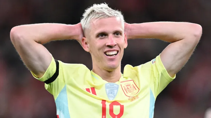 Dani Olmo of Spain looks on during the UEFA Nations League 2024/25 League A Group A4 match between Denmark and Spain at on November 15, 2024 in Copenhagen, Denmark.
