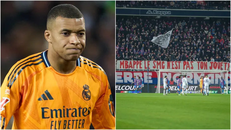 Kylian Mbappe (left) and Caen fans' banner (right)
