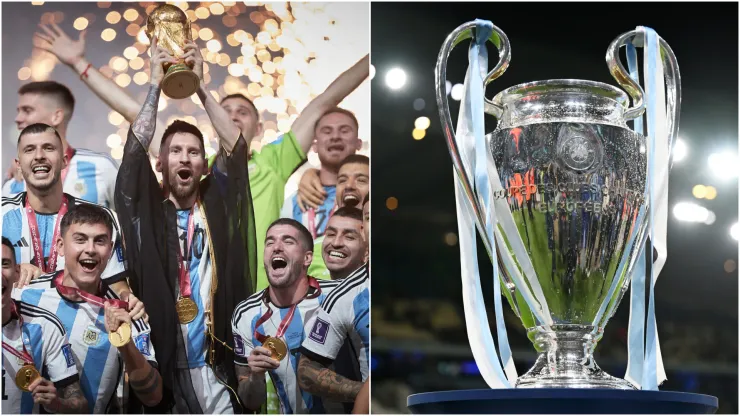 Lionel Messi's Argentina (left) and UEFA Champions League trophy (right)
