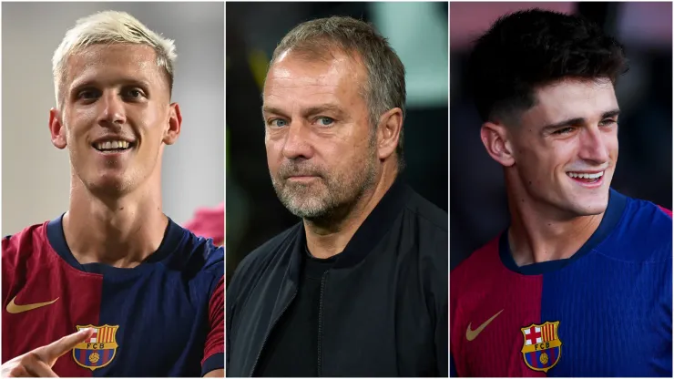 Dani Olmo (left), Hansi Flick (center), and Pau Victor (right)