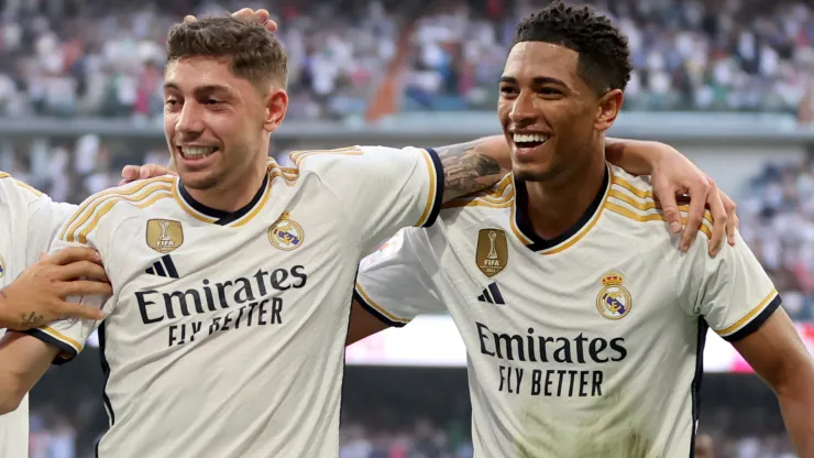 Federico Valverde and Jude Bellingham of Real Madrid celebrate during the LaLiga EA Sports match between Real Madrid CF and CA Osasuna at Estadio Santiago Bernabeu on October 07, 2023 in Madrid, Spain.
