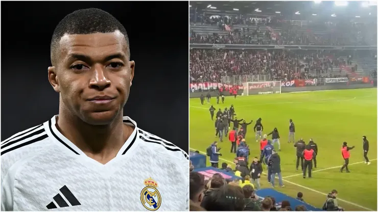 Kylian Mbappe (left) and Caen fans (right)
