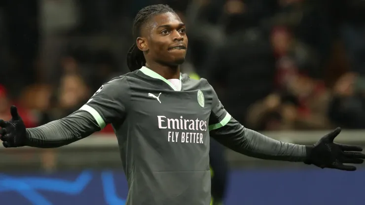 Rafael Leao of AC Milan celebrates scoring his team's first goal during the UEFA Champions League 2024/25 League Phase MD7 match between AC Milan and Girona FC at Stadio San Siro on January 22, 2025 in Milan, Italy. 
