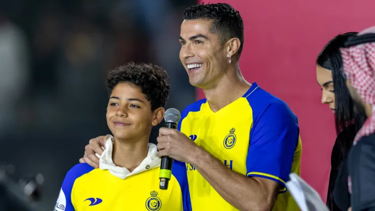 Cristiano Ronaldo accompanied by his partner Georgina Rodriguez and his son Cristiano Ronaldo Jr, greet the crowd during the official unveiling of Cristiano Ronaldo as an Al Nassr player at Mrsool Park Stadium on January 3, 2023 in Riyadh, Saudi Arabia.
