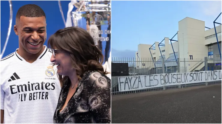 Kylian Mbappe and his mother Fayza Lamari (left), and Caen fans' banner (right)
