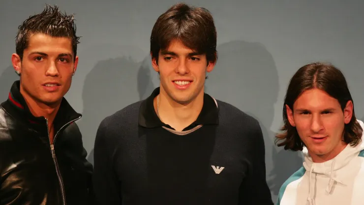 Cristiano Ronaldo poses alongside Kaka and Lionel Messi during the FIFA World Player of The Year Gala 2007 at the Zurich Opera House on December 17, 2007 in Zurich, Switzerland.
