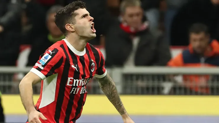 Christian Pulisic of AC Milancelebrates after scoring their team's first goal during the Serie A match between AC Milan and Como 1907 at Stadio Giuseppe Meazza on March 15, 2025 in Milan, Italy. 
