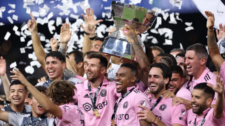 Lionel Messi #10 of Inter Miami hoist the trophy with his teammates after defeating the Nashville SC to win the Leagues Cup 2023 final match between Inter Miami CF and Nashville SC at GEODIS Park on August 19, 2023 in Nashville, Tennessee. 
