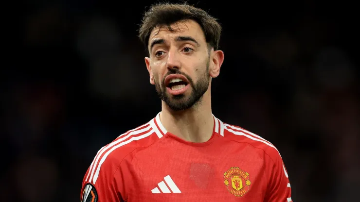 Bruno Fernandes of Manchester United during the UEFA Europa League 2024/25 Round of 16 Second Leg match between Manchester United and Real Sociedad de Futbol at Old Trafford on March 13, 2025 in Manchester, England.
