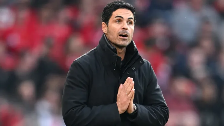Mikel Arteta, Manager of Arsenal, looks on during the Premier League match between Manchester United FC and Arsenal FC at Old Trafford on March 09, 2025 in Manchester, England.
