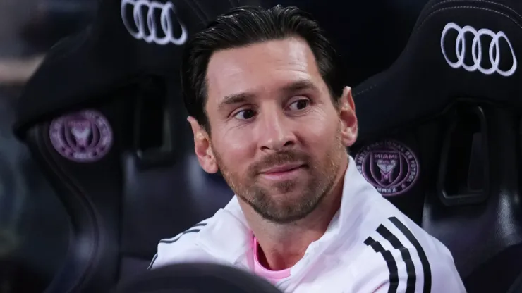 Lionel Messi #10 of Inter Miami CF looks on form the bench prior to a game against the Philadelphia Union at Chase Stadium on March 29, 2025 in Fort Lauderdale, Florida.