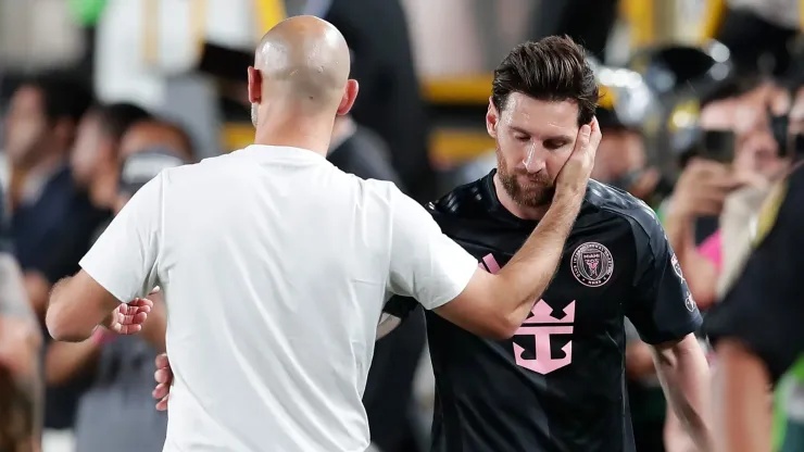 Javier Mascherano, Head Coach of Inter Miami greets Lionel Messi of Inter Miami after a Club Friendly match between Universitario and Inter Miami at Estadio Monumental U Marathon on January 29, 2025 in Lima, Peru.
